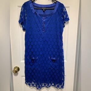 EnFocus Women blue short sleeve lined dress with lace sheath and pockets - sz 14